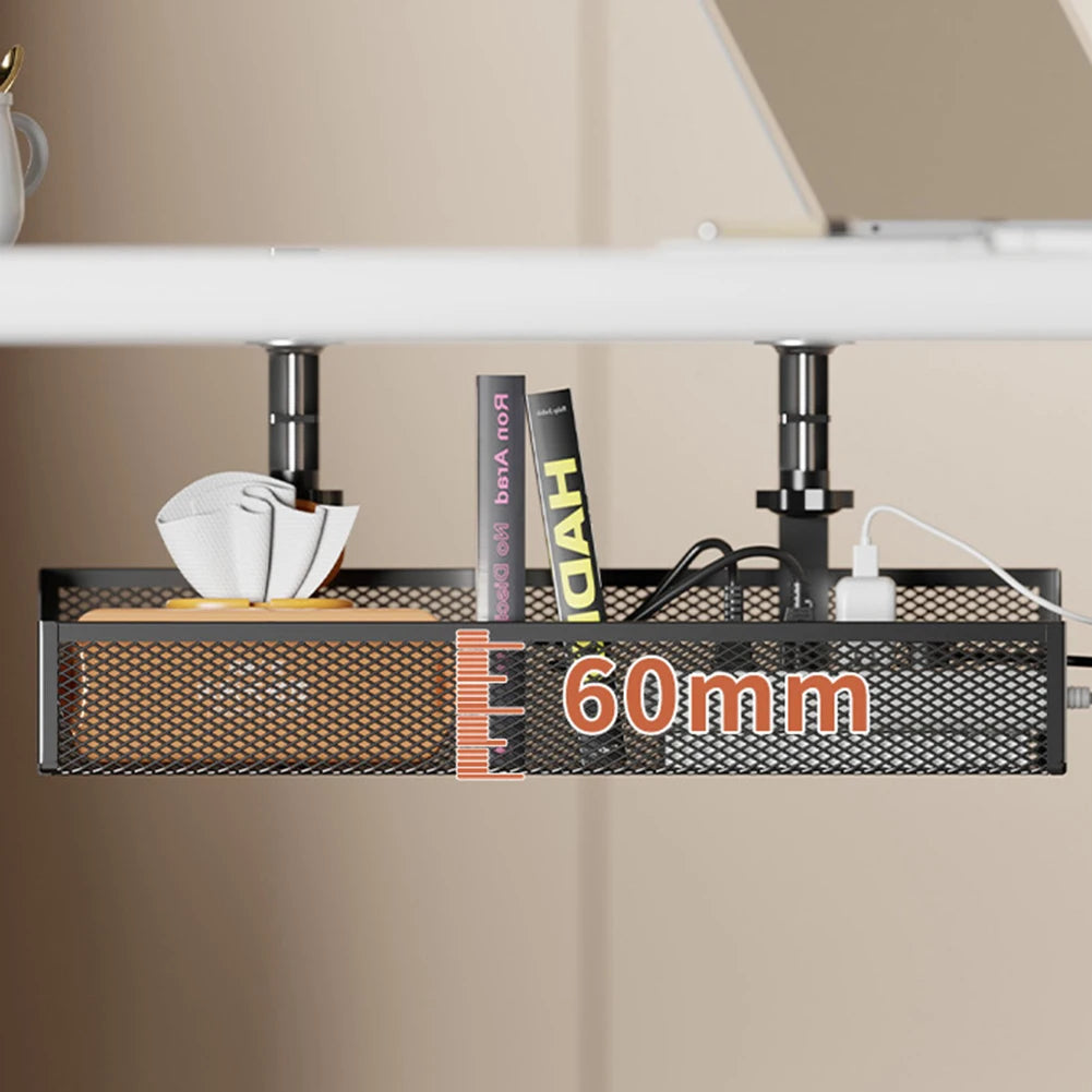 Under Desk Clamp Mounted Cord Organizer No Drill Wire Management Holder Mesh Cable Basket for Managing Cables Power Strips