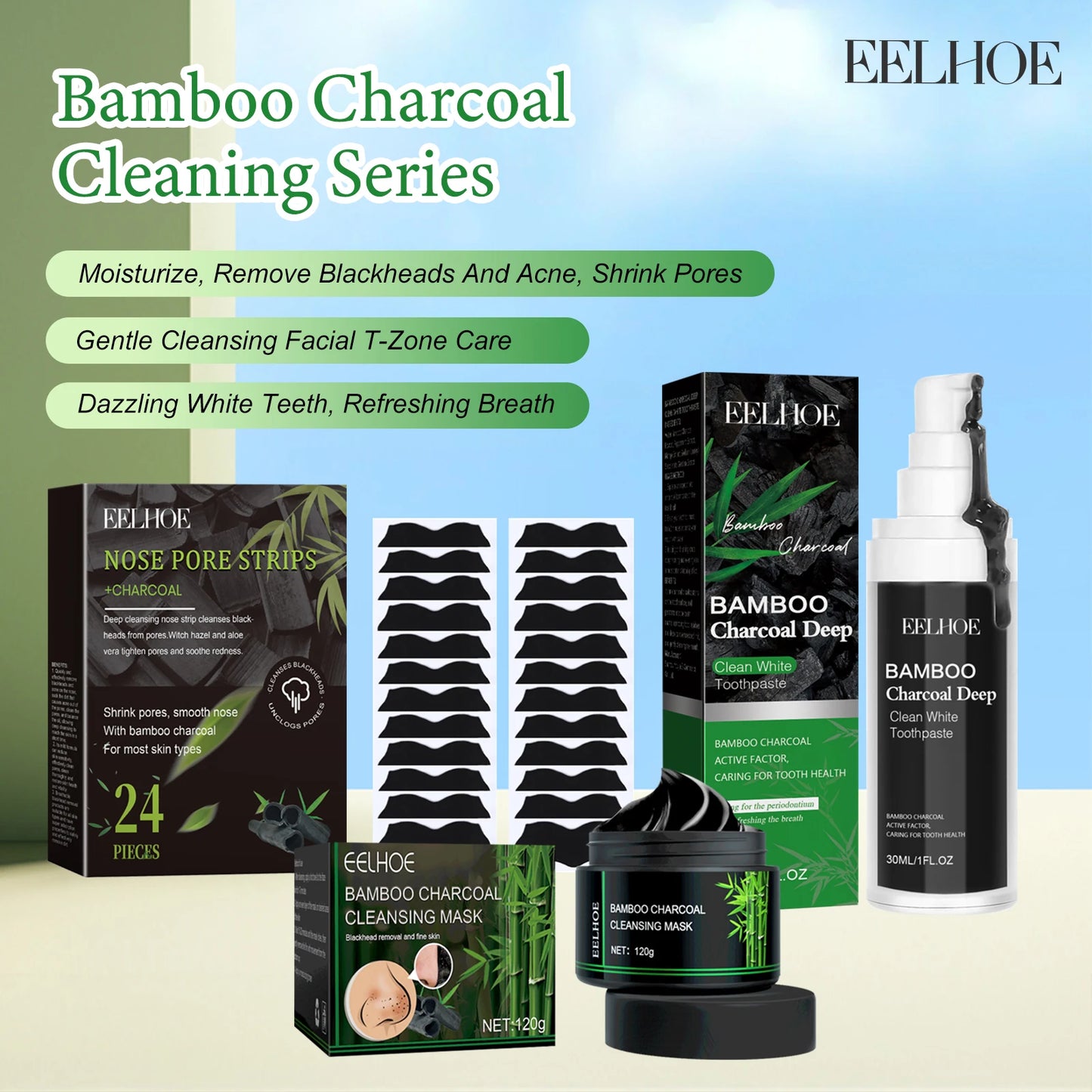 Eelhoe Charcoal Face Mask Nose Strips Toothpaste Blackhead Remover Clean Pores Teeth Whiten Oil Control  Face Teeth Clean Series