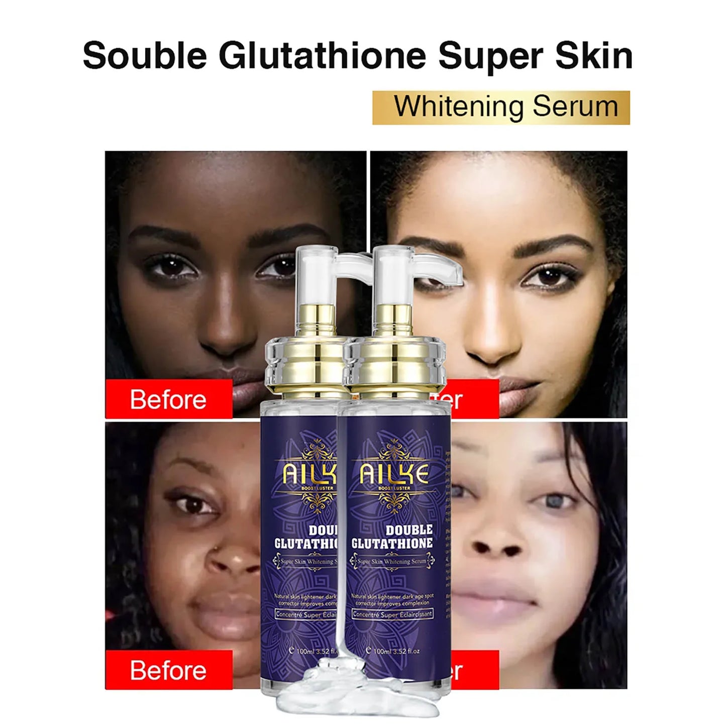 AILKE Glutathione Whitening Serum, Reduce Dark Spots, Clean Skin, Moisturizing, Hydrating, For Face And Body, 100ml/3.52 fl oz