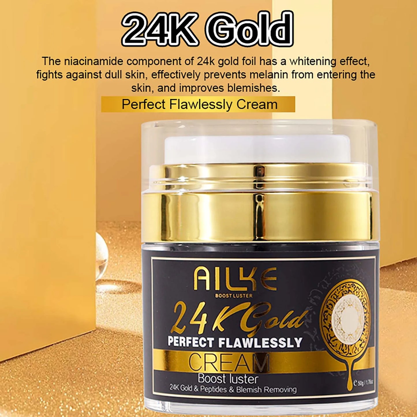 AILKE 24k Gold Perfect Flawlessly Face Cream, Whitening, Reduce Blemish, Melanin, Improve Dull Skin, With Glutathione Vitamin C