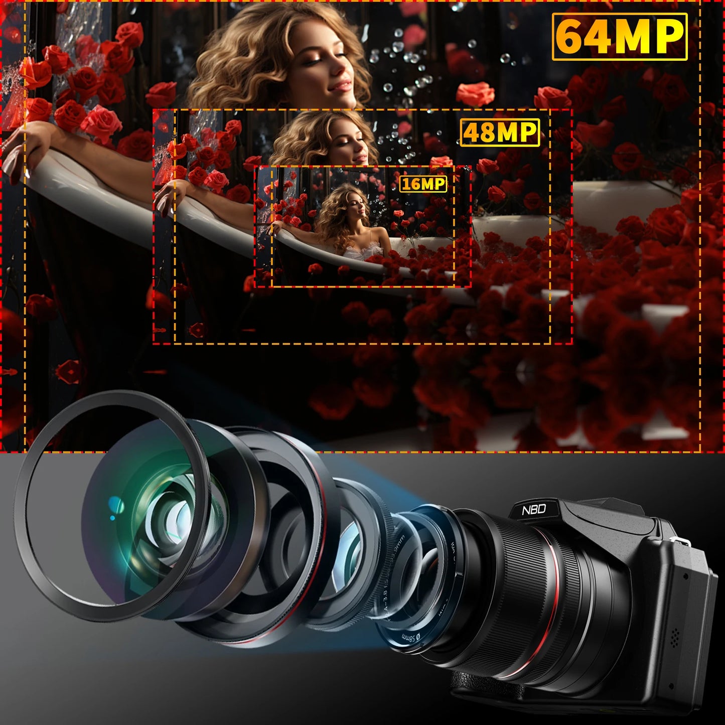 NBD 64MP Digital Cameras for Photography, 16X Optical Zoom Camera with WiFi & App Control, Vlogging Camera with 180°Flipable Scr