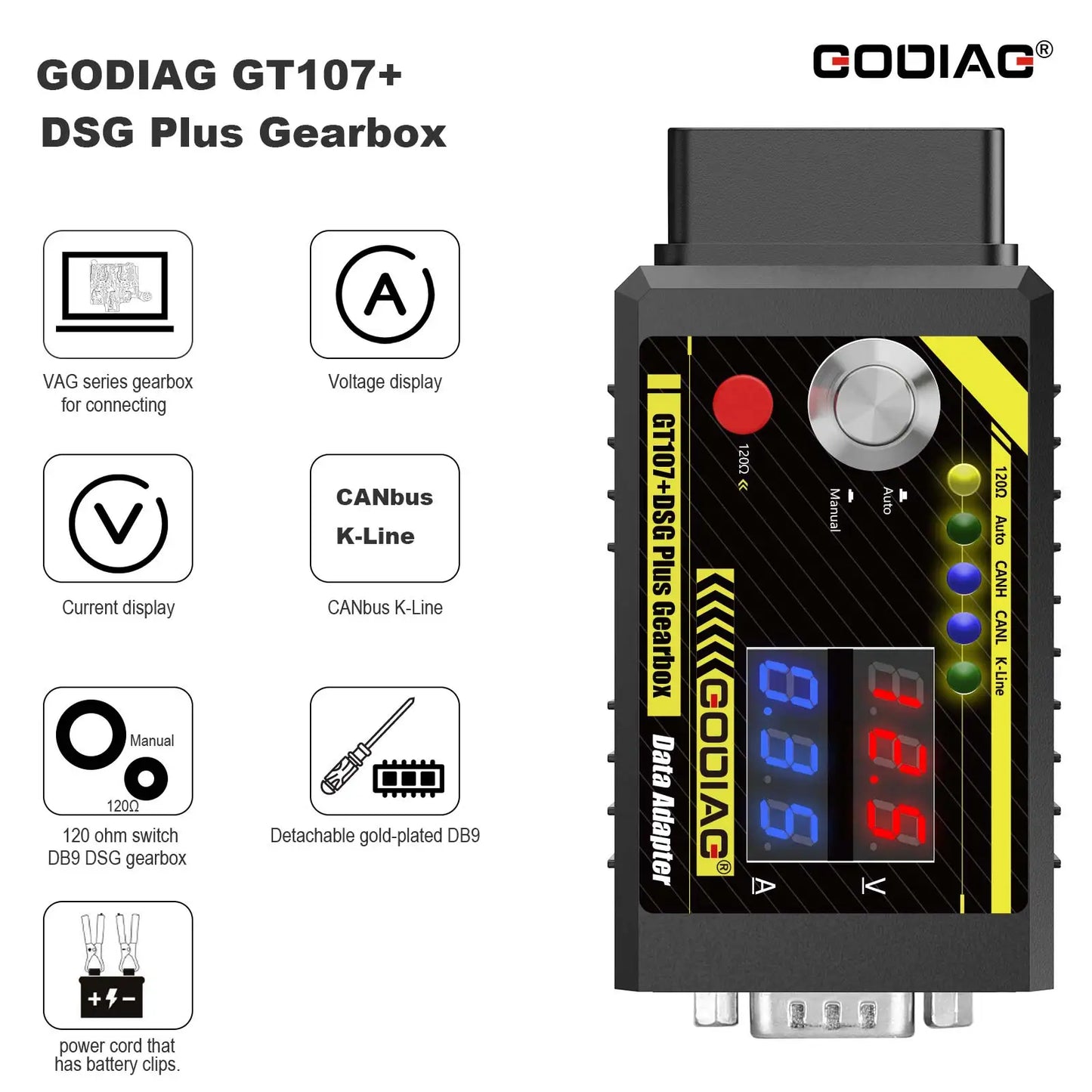 GODIAG GT107+ DSG Plus Gearbox Data Adapter with Voltage Current Display For DQ250 DQ200 VL381 VL300 DQ500 DL501 for Benz/BMW