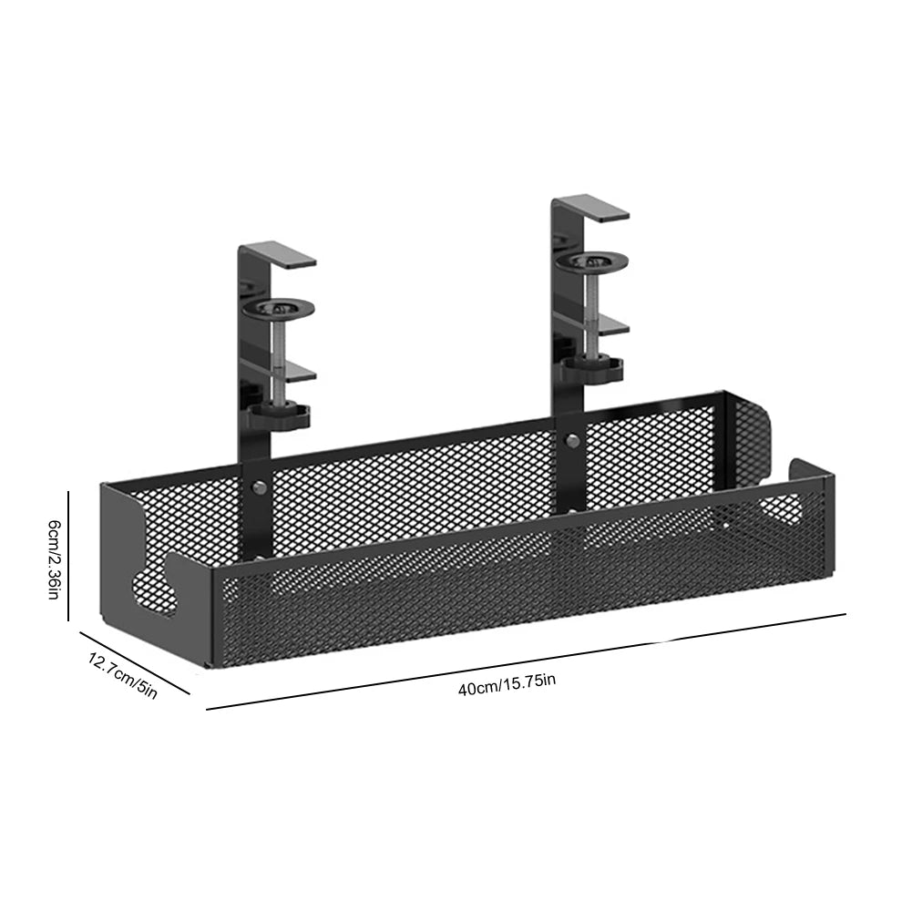 Under Desk Clamp Mounted Cord Organizer No Drill Wire Management Holder Mesh Cable Basket for Managing Cables Power Strips
