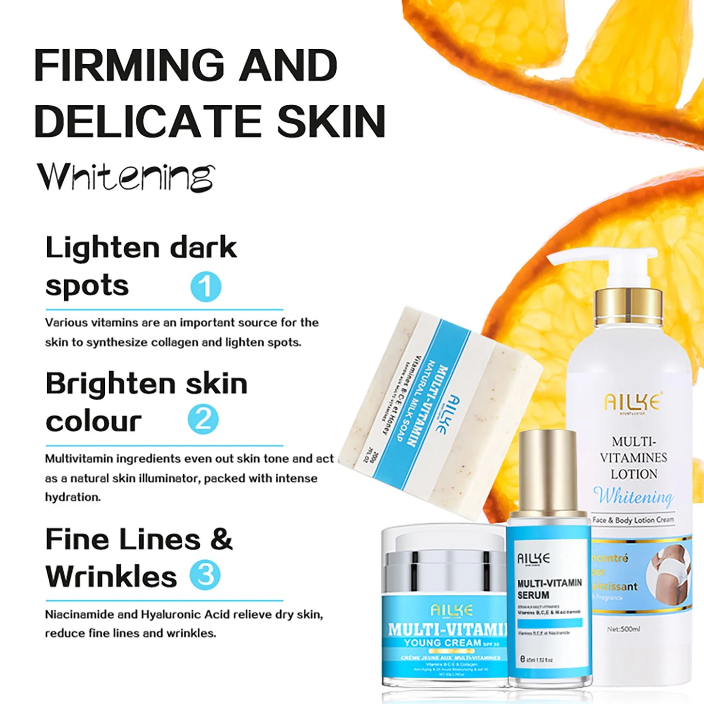 AILKE Natural Multi-Vitamin Skin Care Set, Lightening, Brightening, Nourish, Moisturizing, Antioxidant, Remove Blemish