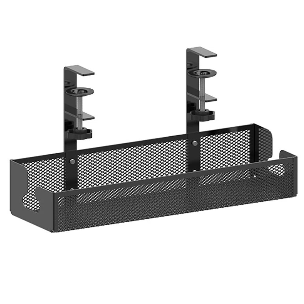 Under Desk Clamp Mounted Cord Organizer No Drill Wire Management Holder Mesh Cable Basket for Managing Cables Power Strips