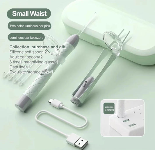 Luminous Ear Spoon Set Ear Wax Removal Cleaning Tweezers LED Light Earpick Nose Clip Children Adults Ear Care Tools Kit USBcharg