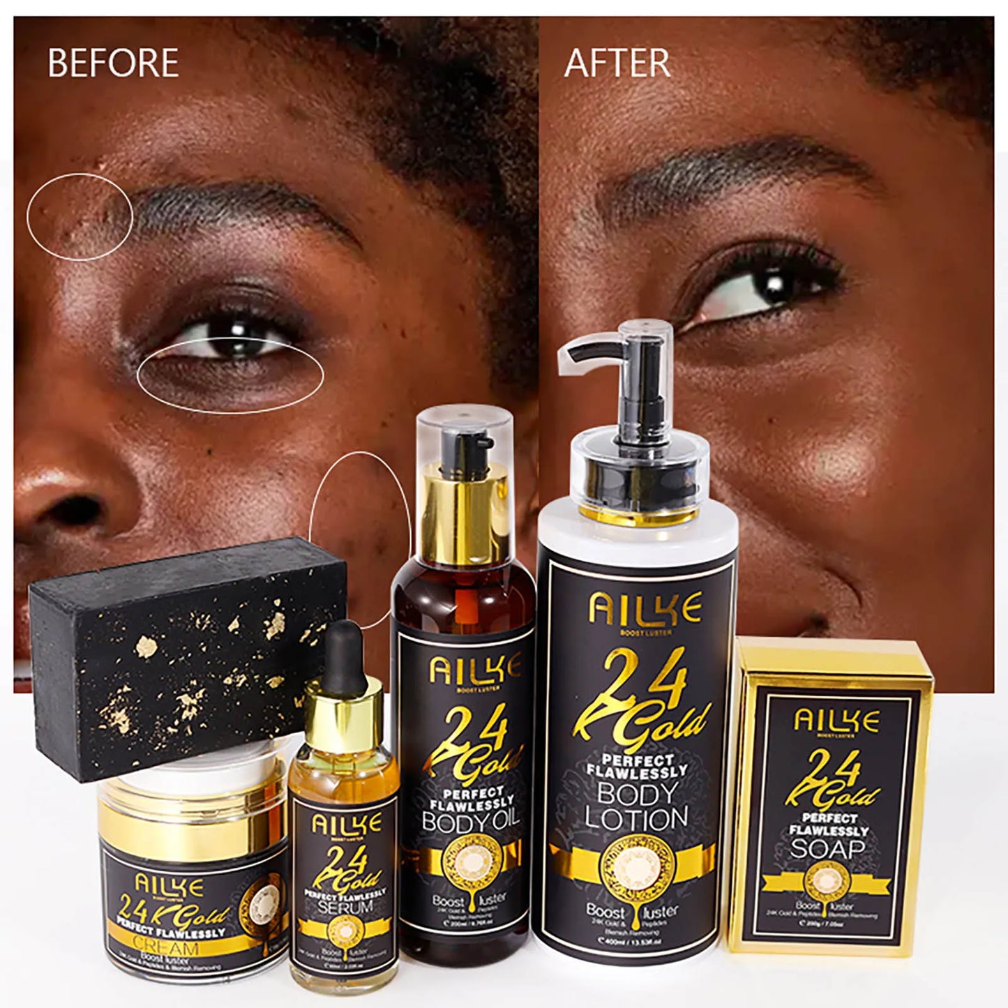 AILKE 24k Gold Whitening Range For All Skin Types, Remove Dark Spots, Wrinkles, Hyperpigmentation, Moisturizing, Hydration