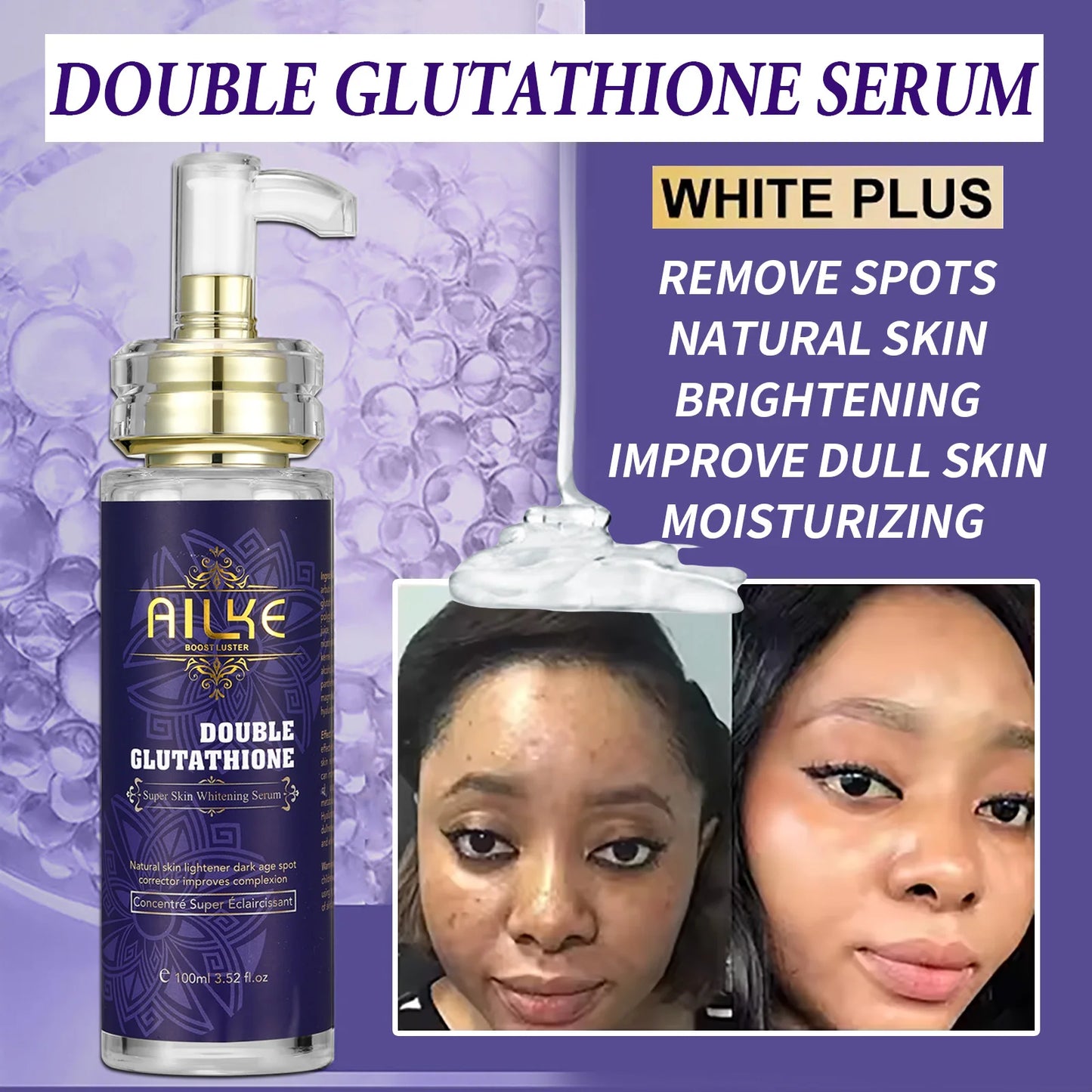 AILKE Glutathione Whitening Serum, Reduce Dark Spots, Clean Skin, Moisturizing, Hydrating, For Face And Body, 100ml/3.52 fl oz