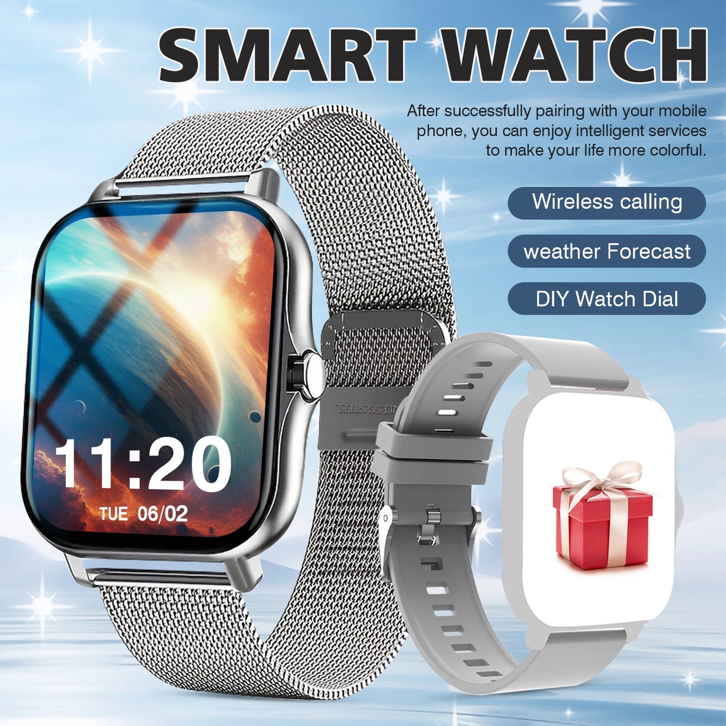 Sports smart watch, fitness activity detector, Bluetooth calling, message reminder view, unisex, suitable for Android and iPhone