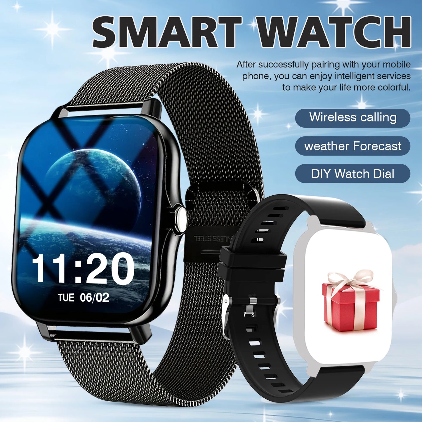 Sports smart watch, fitness activity detector, Bluetooth calling, message reminder view, unisex, suitable for Android and iPhone