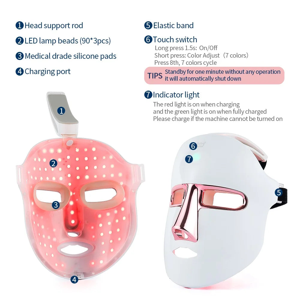 7 Colours LED Light Therapy Face Beauty Facial Devices For Anti-Aging Rejuvenation Brighten Facial Skin Tighten Rejuvenation